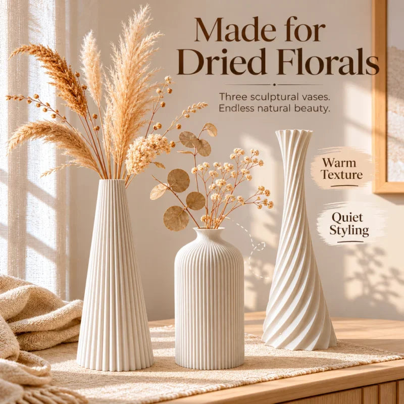 3D Printed Ribbed Vase Trio Matte Off-White Decorative Set