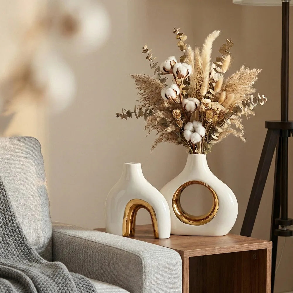 Modern White Gold Ceramic Vase Set for Home Decor