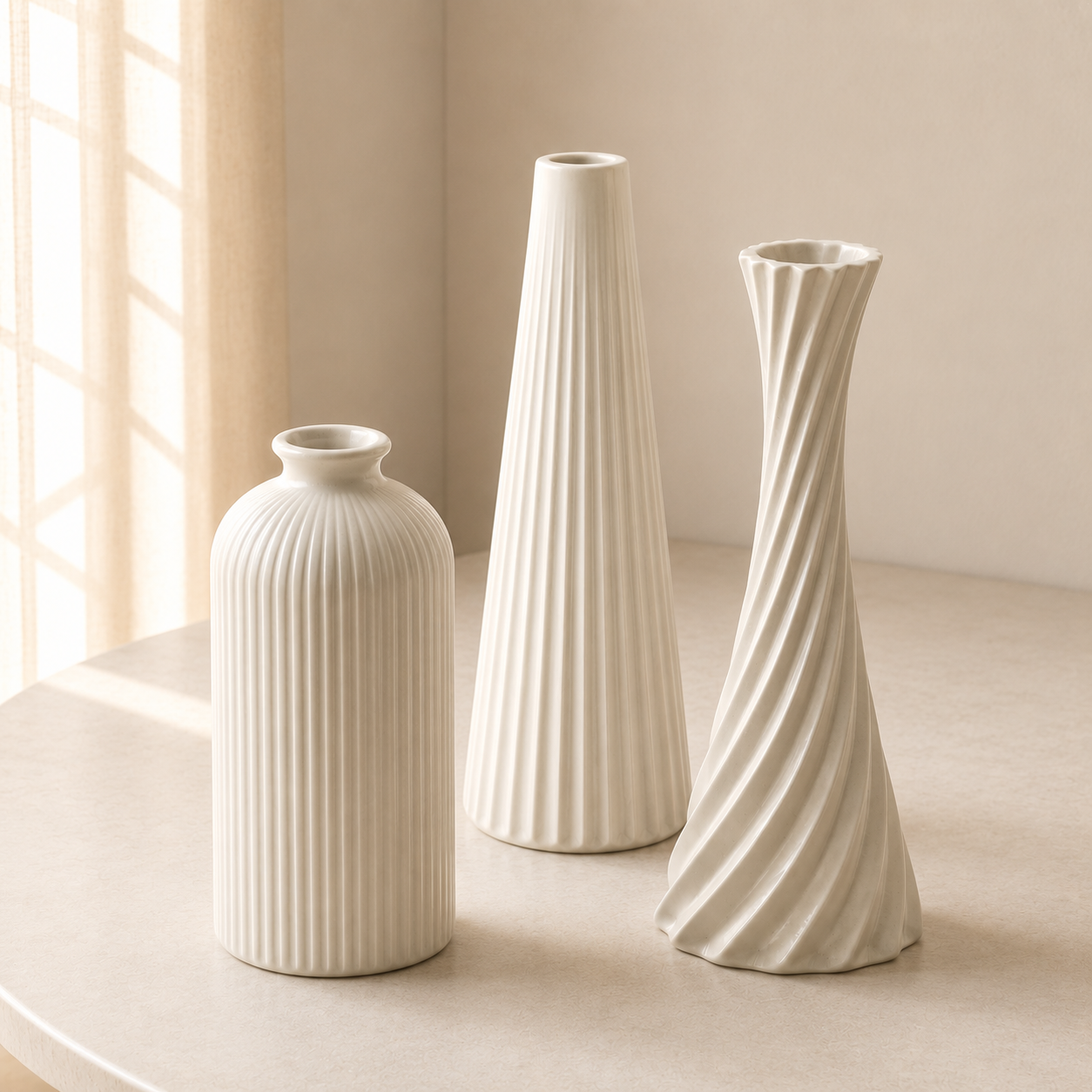 3D Printed Ribbed Vase Trio Matte Off-White Decorative Set
