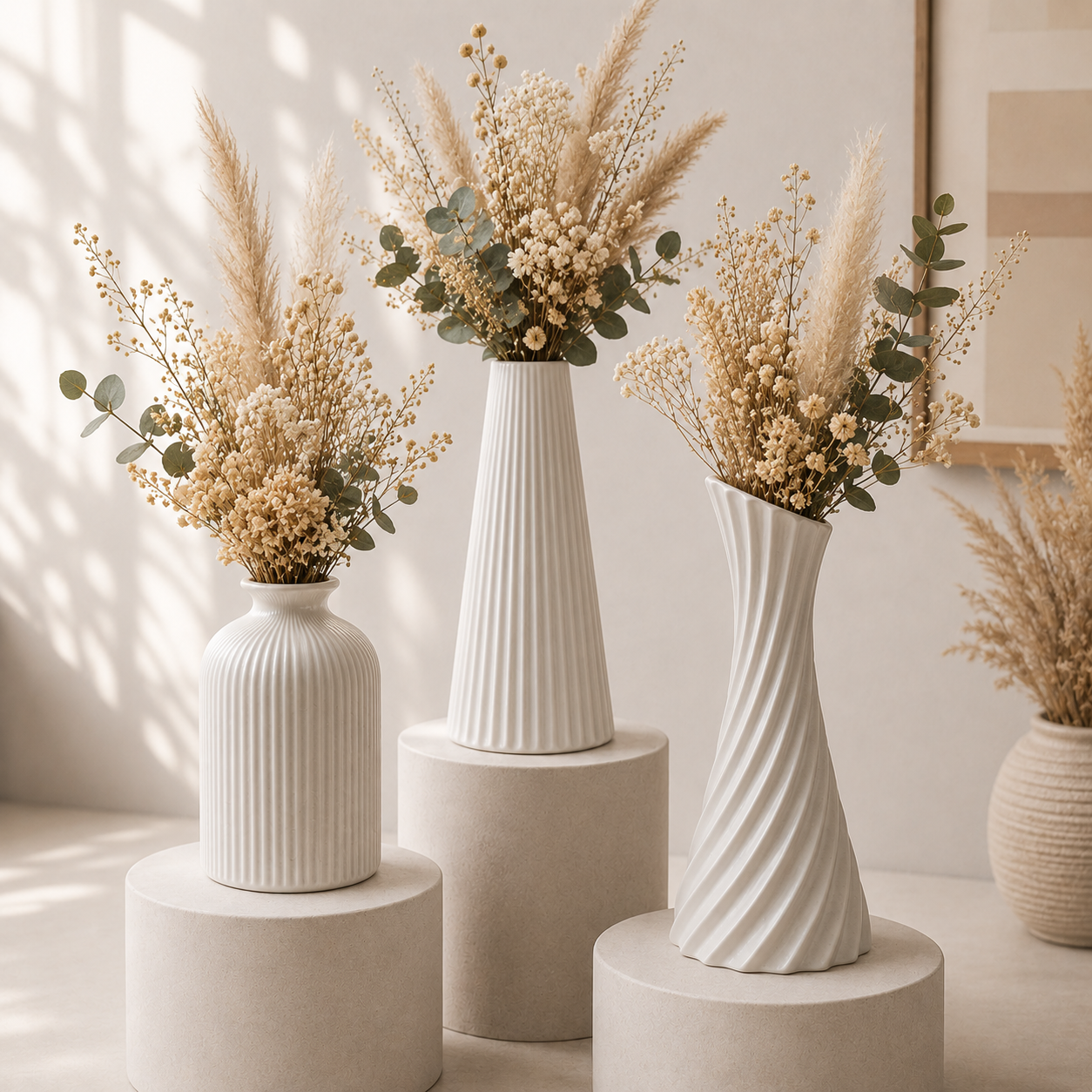 3D Printed Ribbed Vase Trio Matte Off-White Decorative Set