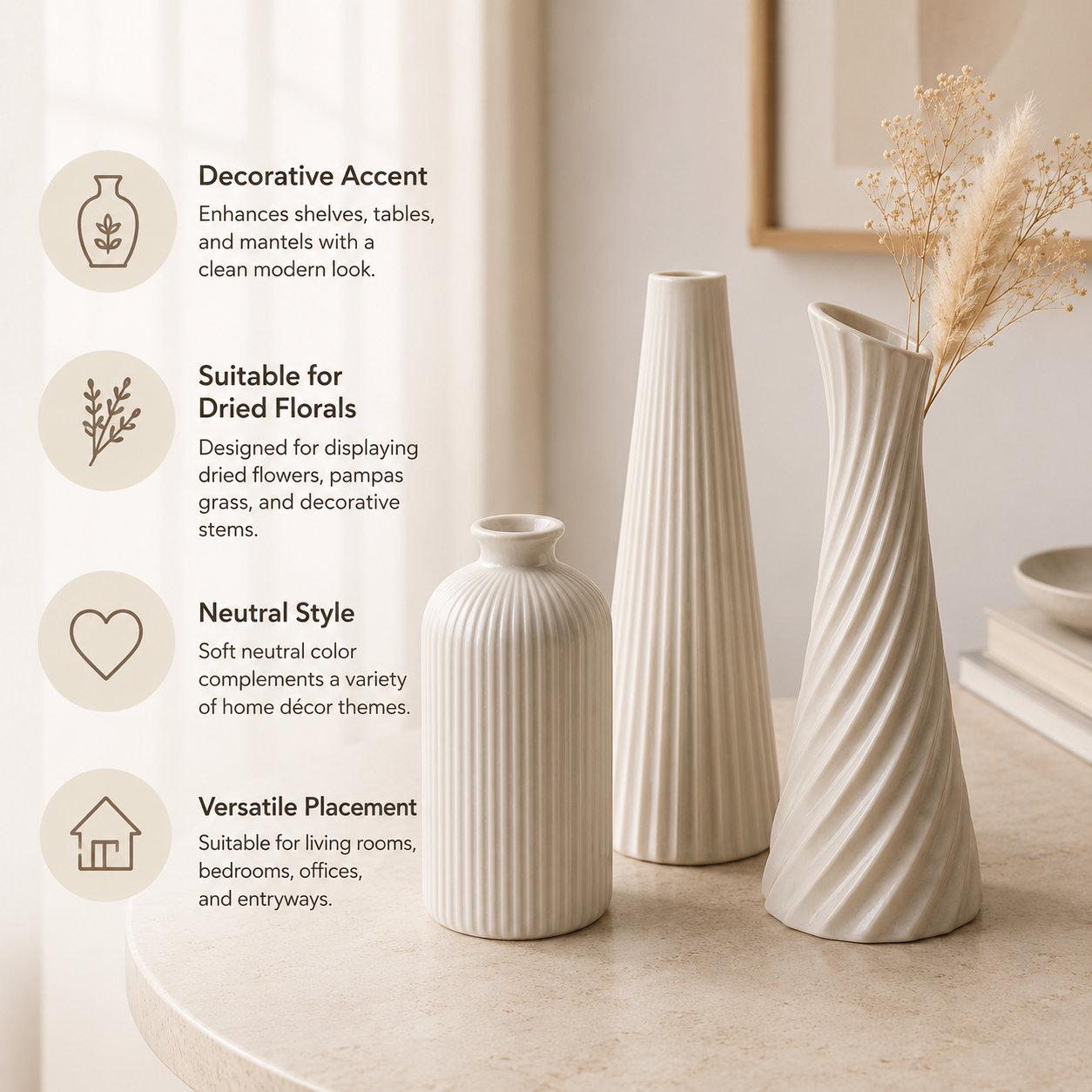3D Printed Ribbed Vase Trio Matte Off-White Decorative Set