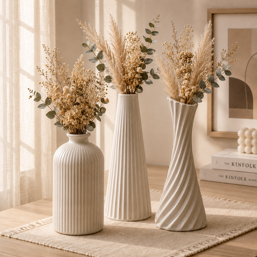 3D Printed Ribbed Vase Trio Matte Off-White Decorative Set