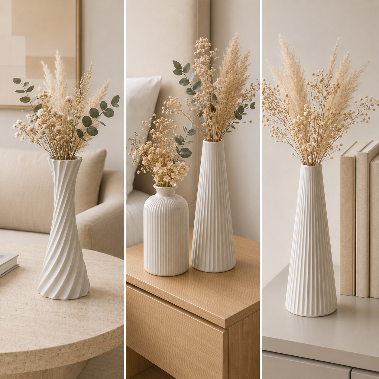 3D Printed Ribbed Vase Trio Matte Off-White Decorative Set
