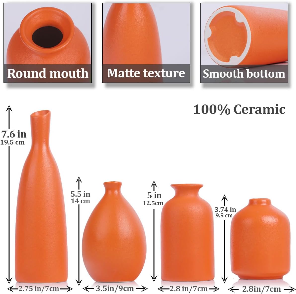 Orange Ceramic Bud Vases Set of 4 for Home Decor