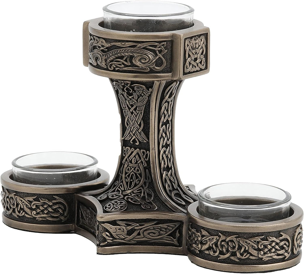 Mjolnir Triple Tealight Candle Holder Viking Decor