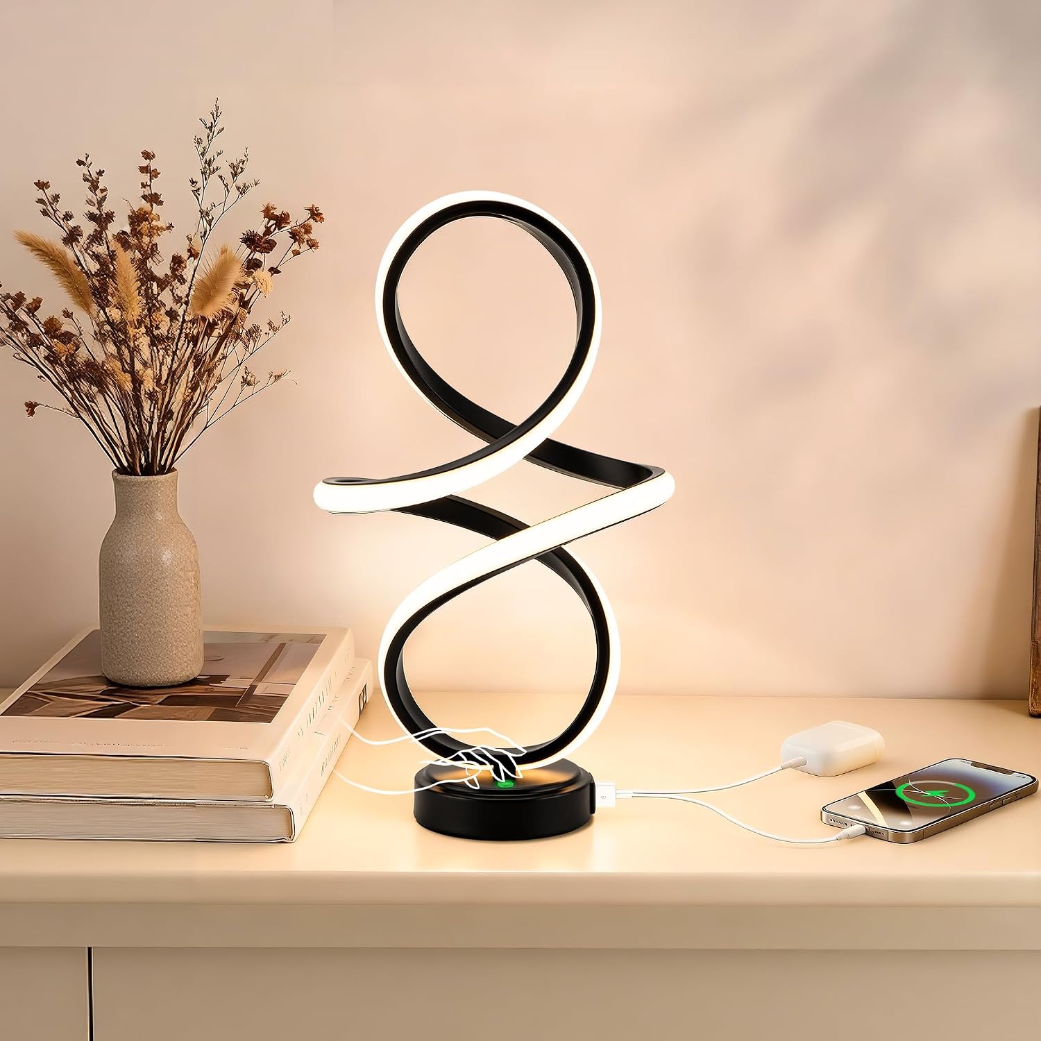 Modern Spiral LED Table Lamp with USB Charging Ports