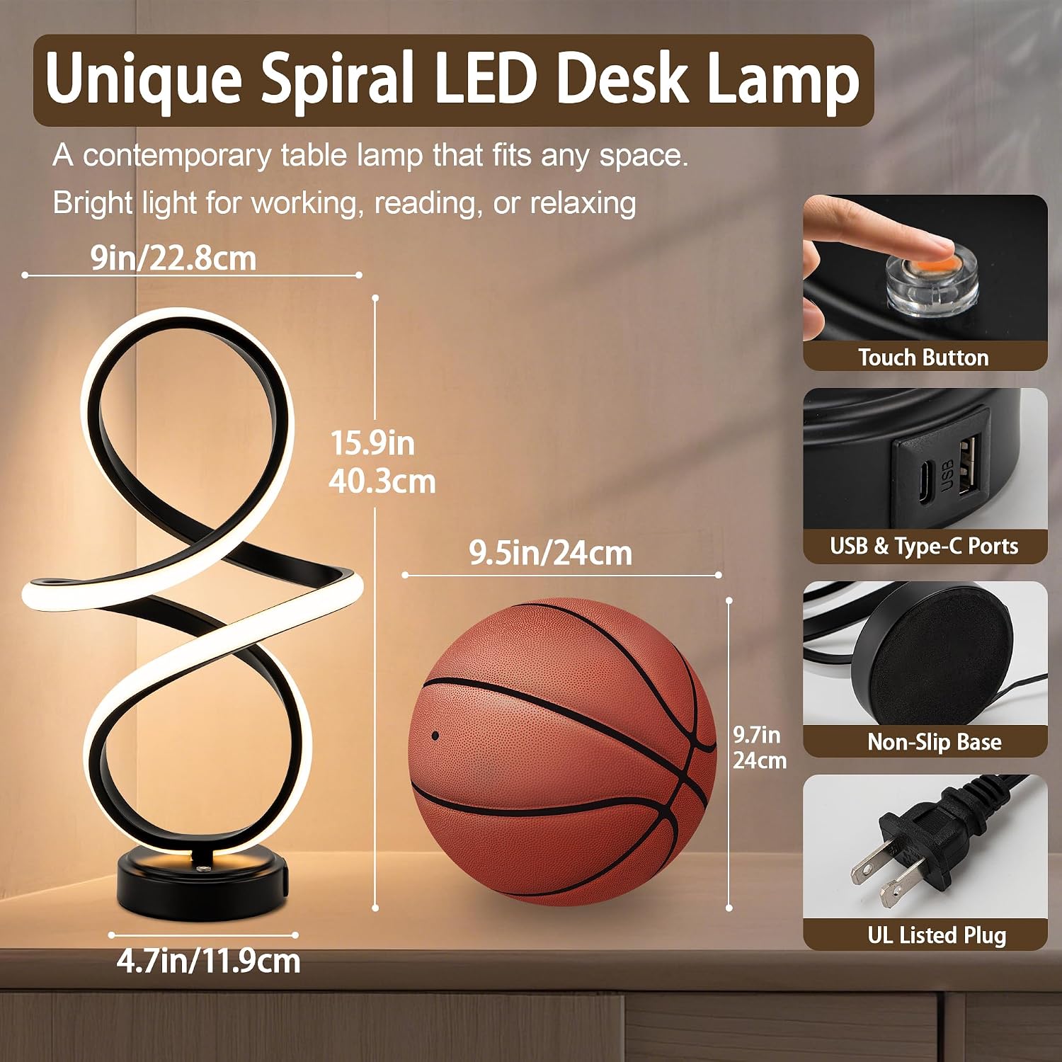 Modern Spiral LED Table Lamp with USB Charging Ports