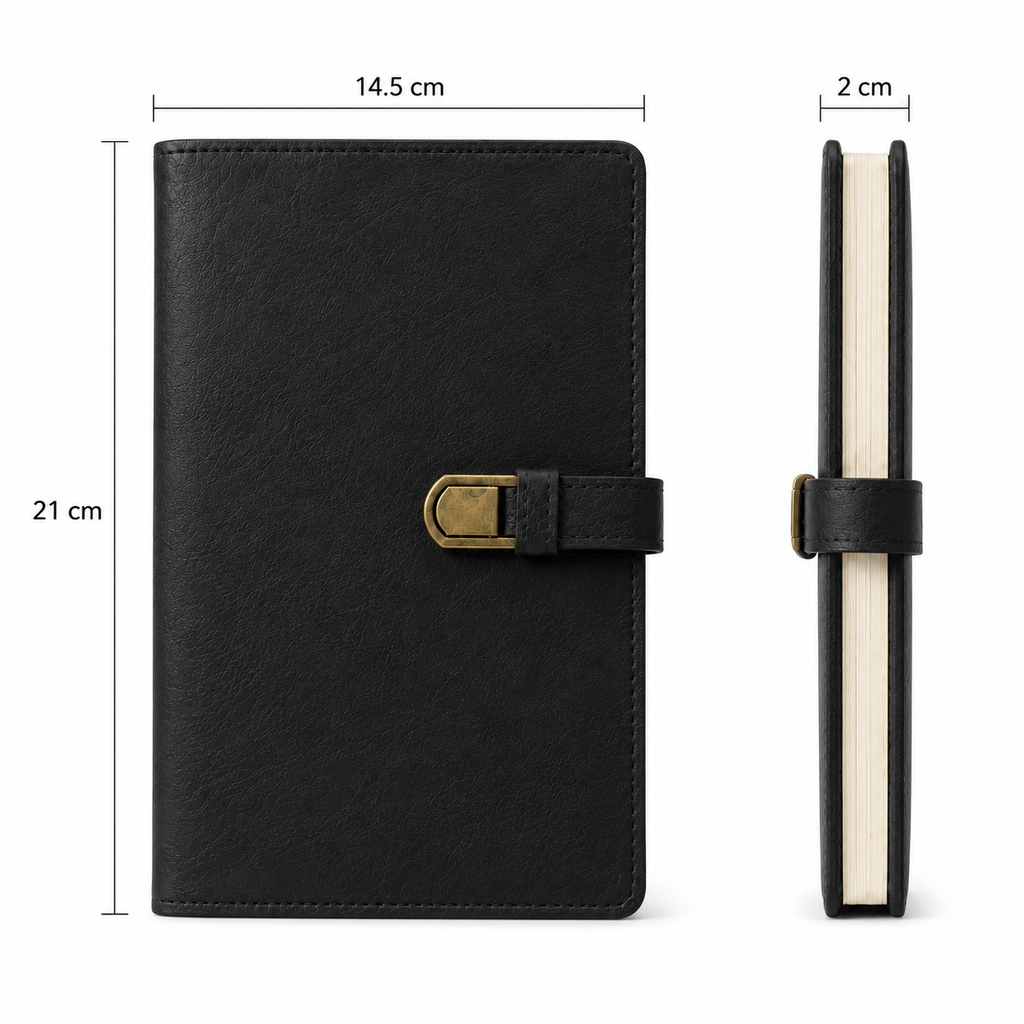 Classic Black Leather Journal Notebook – Buckle Closure Writing Diary & Planner