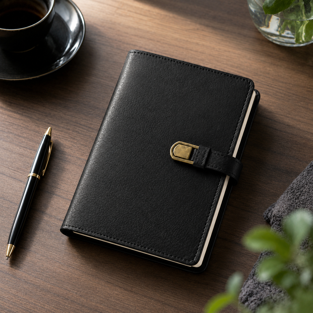 Classic Black Leather Journal Notebook – Buckle Closure Writing Diary & Planner