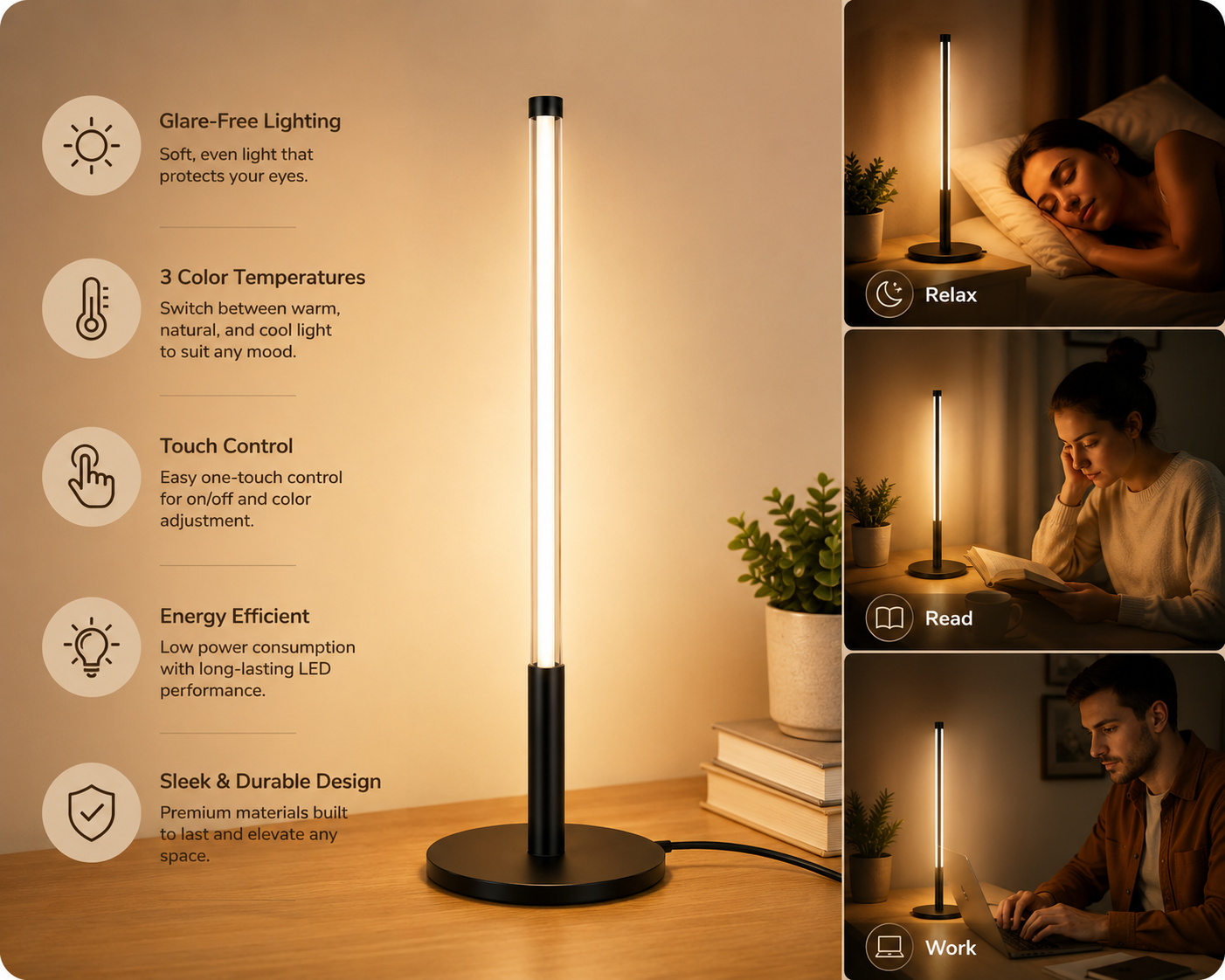 Modern LED Bedside Table Lamp – Dimmable With 3 Color Modes