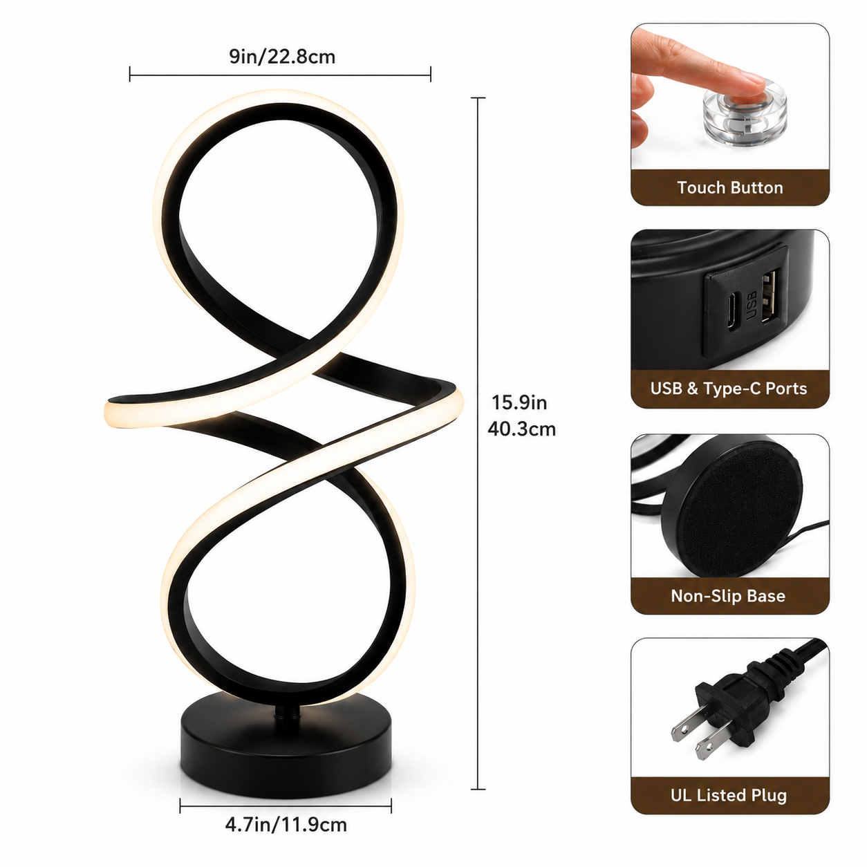 Modern Spiral LED Table Lamp with USB Charging Ports