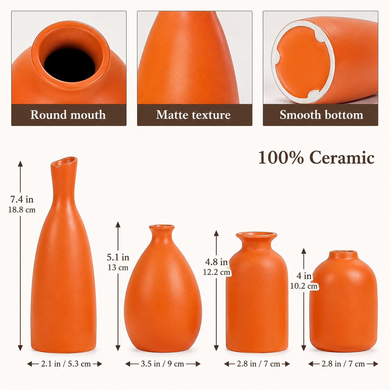 Orange Ceramic Bud Vases Set of 4 for Home Decor