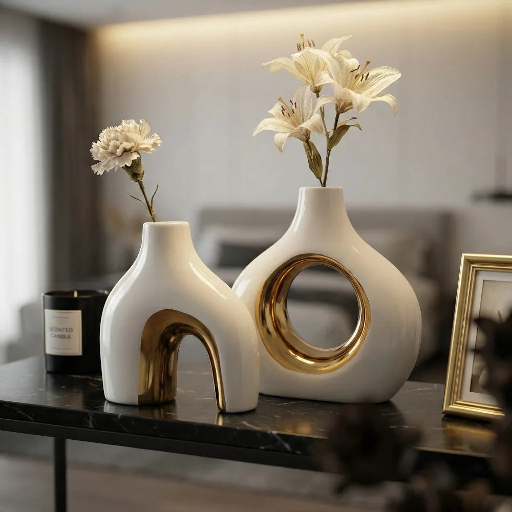 Modern White Gold Ceramic Vase Set for Home Decor
