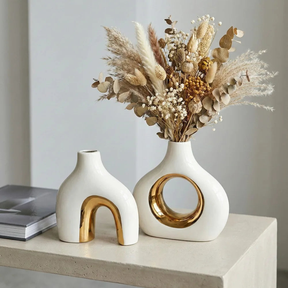 Modern White Gold Ceramic Vase Set for Home Decor