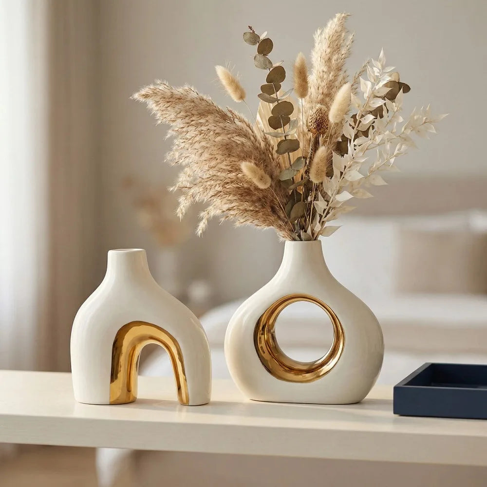 Modern White Gold Ceramic Vase Set for Home Decor