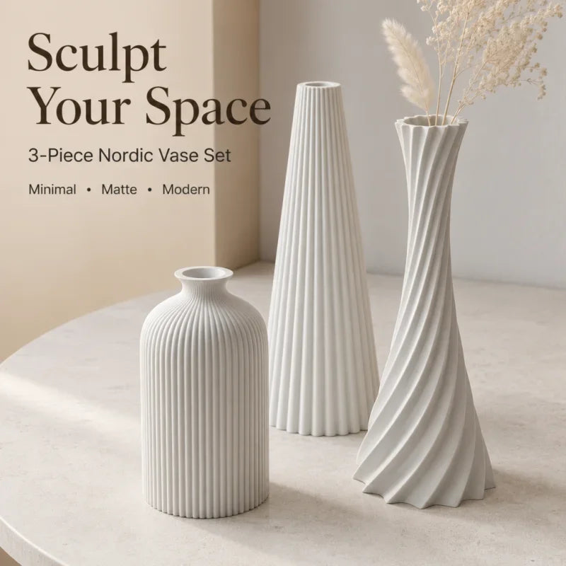 3D Printed Ribbed Vase Trio Matte Off-White Decorative Set
