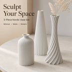3D Printed Ribbed Vase Trio Matte Off-White Decorative Set