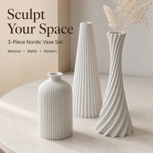 3D Printed Ribbed Vase Trio Matte Off-White Decorative Set