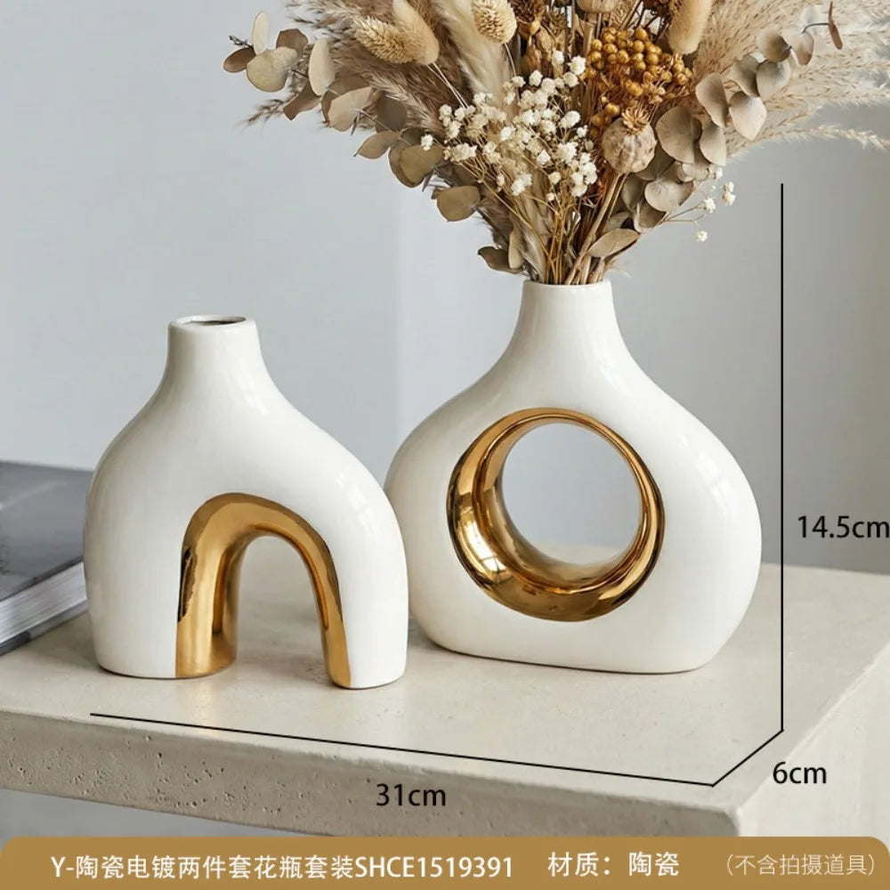 Modern White Gold Ceramic Vase Set for Home Decor