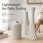 3D Printed Ribbed Vase Trio Matte Off-White Decorative Set