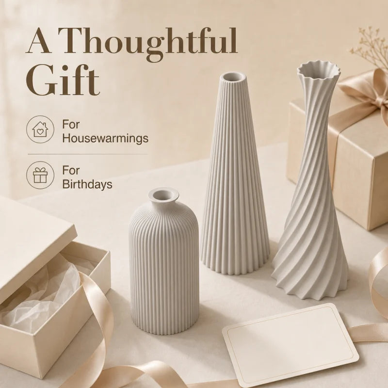 3D Printed Ribbed Vase Trio Matte Off-White Decorative Set