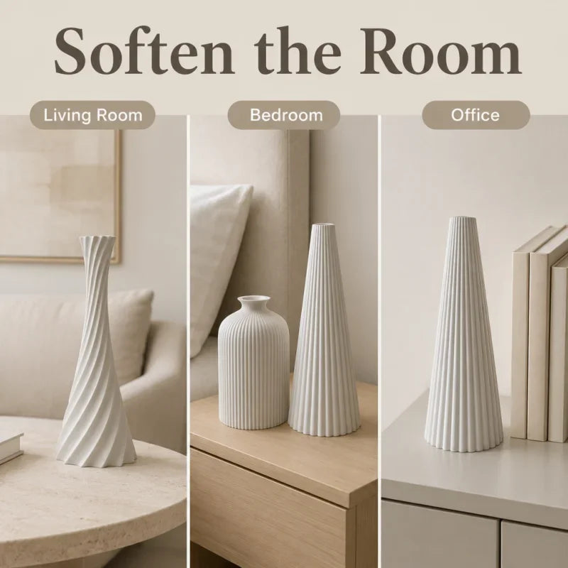 3D Printed Ribbed Vase Trio Matte Off-White Decorative Set