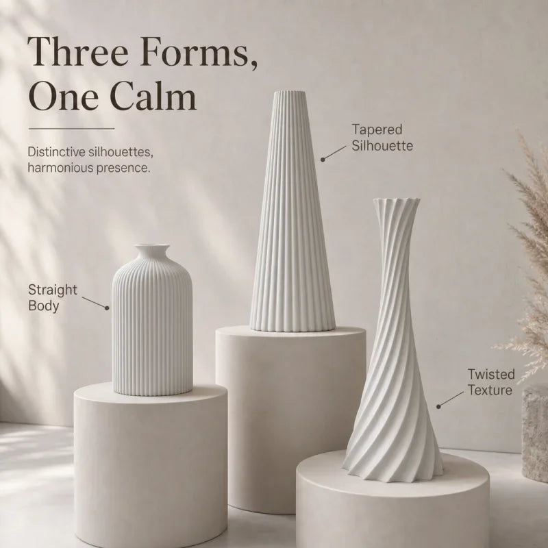 3D Printed Ribbed Vase Trio Matte Off-White Decorative Set